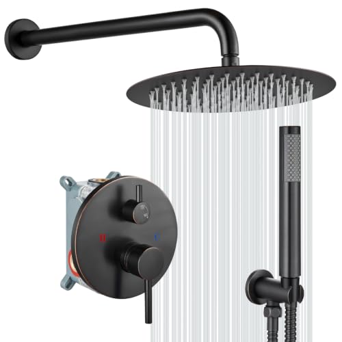 gotonovo Shower Faucet Set with Rough-in Valve Trim Kit,Oil Rubbed Bronze | 10 Inch Round Rain Showerhead with Handheld Spray,Bathroom Wall Mount Shower System Complete Combo,2-in-1 Diverter,All Metal - color: Bronze
