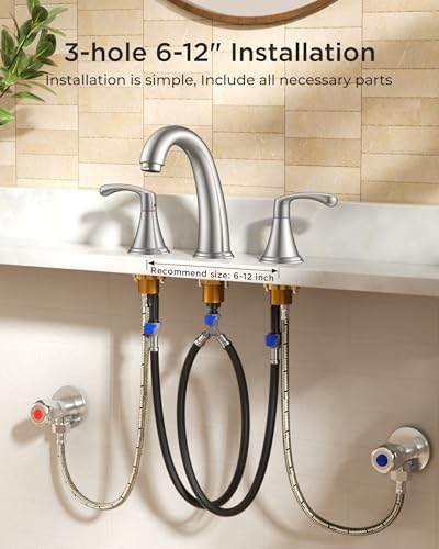 FORIOUS Bathroom Sink Faucet 3 Hole Widespread 8 Inch Brushed Nickel | 3-hole 6-12 Inch Widespread Sink Faucets with Drain and Water Supply Lines, for Vanity Rv Commercial Lavatory Restroom Basin - color: Stainless Steel, style: Modern