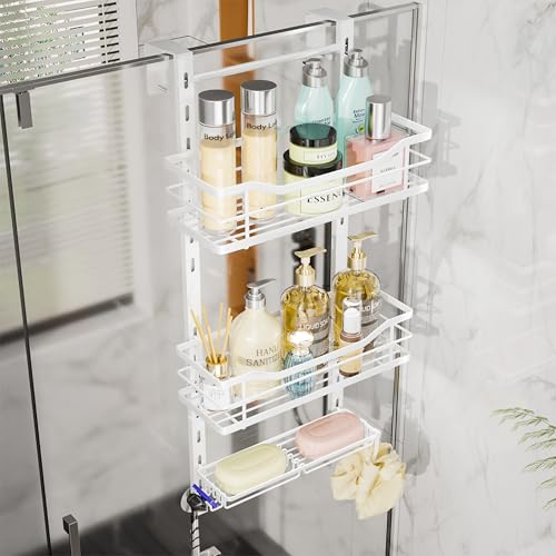 SWTYMIKI Over the Door Shower Caddy - 3 Tier Adjustable Shower Organizer Hanging with Soap Holder, No Drilling Stainless Steel Bathroom Hanging Caddy for Body Wash, Shampoo, Soap, Razor, White - color: White-3 Tier