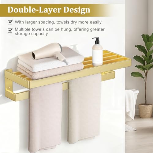 Towel Racks Double Towel Bar,Brushed Gold Towel Holder 23.6-inch Stainless Steel Bathroom Hardware Accessories Set - color: Brushed Gold, size: 23.6inch