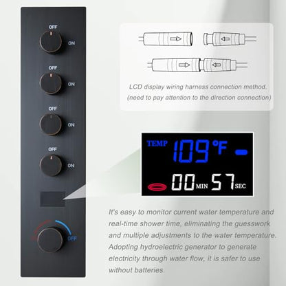 Oil Rubbed Bronze Shower System Temperature Display Shower Set | 12 inch and 8 inch Full Body Shower Head, with 6 PCS Body Jet and Handheld Spray - color: Oil Rubbed Bronze, size: 12+8 inch