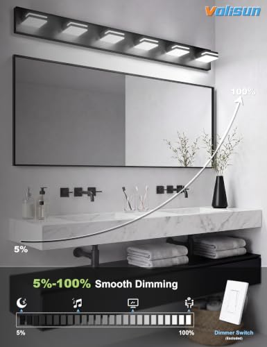 VOLISUN Modern Bathroom Vanity Light Fixtures (6-Light, 48-Inch), 5CCT Dimmable Lighting Fixtures Over Mirror, 360 Rotatable Head, Black LED Vanity Lights - color: Matte Black-5CCT, size: 48-Inch