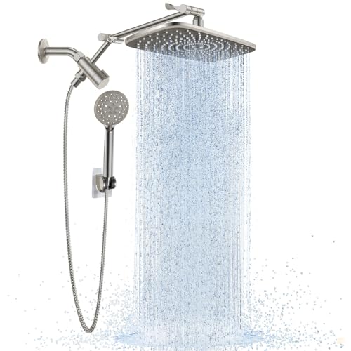 Veken Brushed Nickel 11.8" Shower Head with Handheld,Stain Resistant Finish | Handheld Shower Head with Multi Spray Modes,Rainfall Combo with 15" Metal Extension Arm,Detachable Dual Shower,Regaderas Para - color: Brushed Nickel