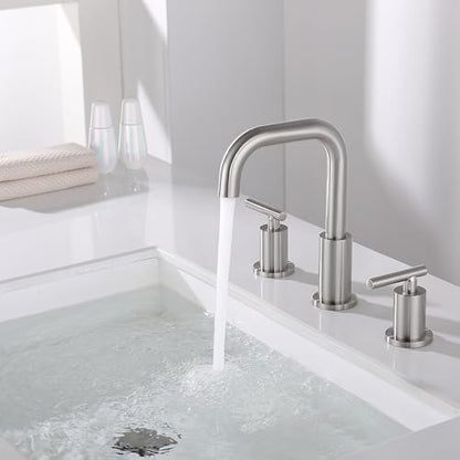 8 inch Brushed Nickel Widespread Bathroom Faucet, 2 Handle 3 Hole Bathroom Faucet with Sink Drain and Water Faucet Supply Hose, ChiLDano Bathroom Faucets CH3166BN | ChiLDano Satin Nickel Sink Faucet Bathroom with 360 Swivel Spout, Brushed Nickel Vanity Fa