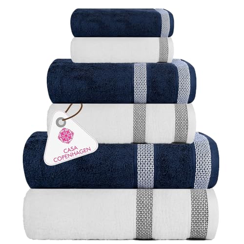 CASA COPENHAGEN Solitaire 6Pcs 100% Egyptian Cotton Large Designer Towels Gift Set- Navy Blue - White, 600GSM, 2Bath 2Hand 2Washcloths, Bath Towels for Bathroom Set for Women & Men - color: Solitaire 6pcs Towel Set Navy Blue - White, size: 6Pcs Towel Set