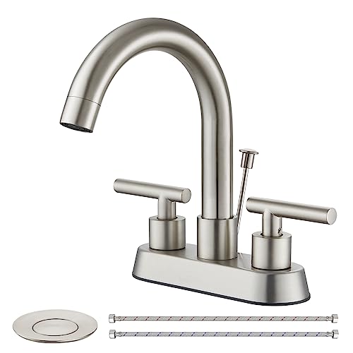 Bathroom Faucet with Lift Rod Drain,4 Inch Centerset 3 Hole,Brushed Nickel | Two Handle Lead-Free SUS304 Stainless Steel Bathroom Sink Faucet with Lift Rod Drain & Supply Lines for RV & Farmhouse - color: Brushed Nickel