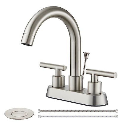 Bathroom Faucet with Lift Rod Drain,4 Inch Centerset 3 Hole,Brushed Nickel | Two Handle Lead-Free SUS304 Stainless Steel Bathroom Sink Faucet with Lift Rod Drain & Supply Lines for RV & Farmhouse - color: Brushed Nickel