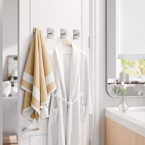 pickpiff Adhesive Towel Hooks: 20LB Extra Strong Wall Hanger, Silver 4 Pack - color: Silver, size: 4 Pack