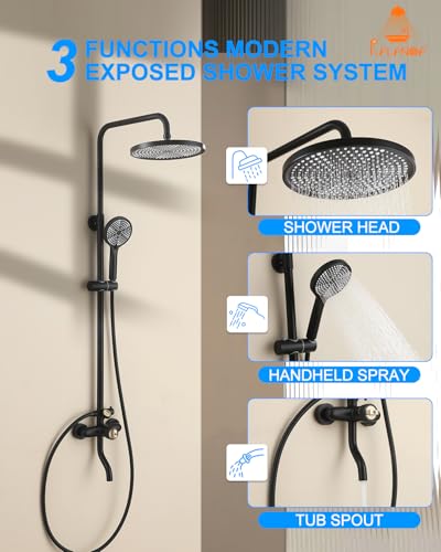 Outdoor Shower Fixture, 304 Stainless Wall Mouted for Yard | Thermostatic, 3 Functions Handle Shower, Exposed Shower with 10" Rain Head for Outside Yard Pool Seaside