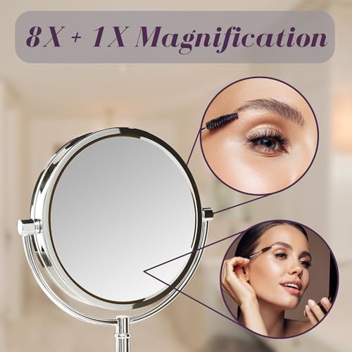 JERDON Lighted Makeup Mirror with 8X Magnification - Chrome - HL8808CL | Two-Sided 1X View, 8.5" Round Frame, 16" Tall, LED Lighting - color: Chrome