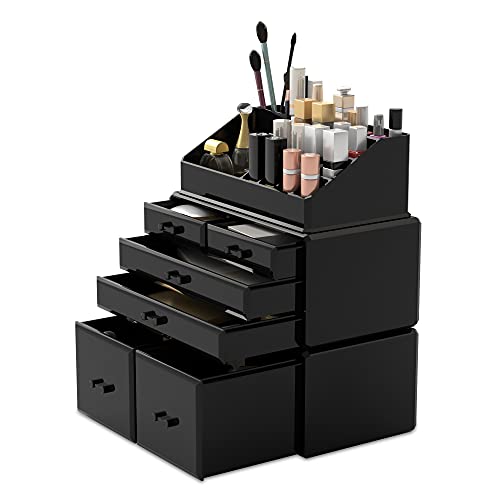 READAEER Makeup Organizer 3 Pieces Cosmetic Storage Case with 6 Drawers (Black) - color: Black