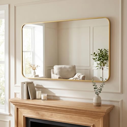 BEAUTYPEAK 30" x 55" Rectangular Wall Mounted Bathroom Mirror, Gold | Aluminum Alloy Frame with Rounded Corners - color: Gold, size: 55"L x 30"W