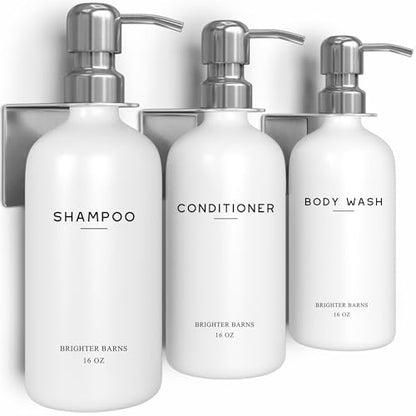 Luxury Shampoo and Conditioner Dispenser Set Wall Mounted by Brighter Barns - Refillable Shampoo Dispenser for Shower Wall - Shower Bottles 3 Chamber No Drill for Guest Bathroom, Airbnb, Hotel (White) - color: Modern (Silver)