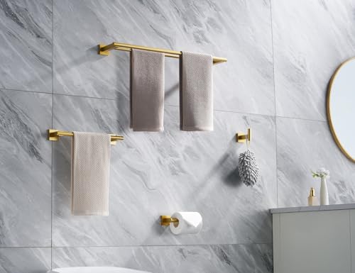 Miyili 4-Pieces Gold Bathroom Accessories Set Bath Hardware Kit - Includes Double Towel Bar, Hand Towel Rack, Toilet Paper Holder, Robe Hook, BS02G4A - color: Gold