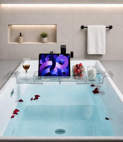 Bathtub Caddy Tray,Adjustable Bathtub Tray Table, Bath Organizer for Relaxing Spa-Features 2 Cup Holders, A Phone Stand with 5 Angle Adjustments,Non-Slip Silicone Pads,Won't Get Moldy,Easy to Clean.