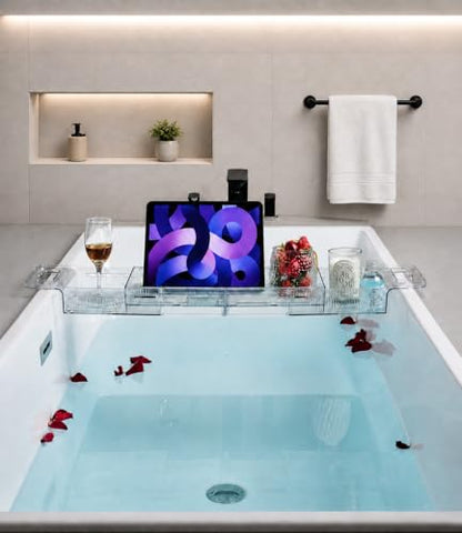 Bathtub Caddy Tray,Adjustable Bathtub Tray Table, Bath Organizer for Relaxing Spa-Features 2 Cup Holders, A Phone Stand with 5 Angle Adjustments,Non-Slip Silicone Pads,Won't Get Moldy,Easy to Clean.