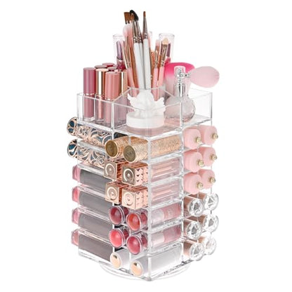 Ikee Design Acrylic Rotating Lipstick Gloss Make Up Organizer with 53 Slots | Rotating Acrylic Lip Gloss for Makeup, Lipsticks, Brushes, Cosmetic Storage Display, Bathroom, Vanity, Countertop - color: 3) Clear, 53 Slots