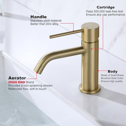 Brushed Gold Bathroom Faucet, Single Handle Brass Sink Faucet Bathroom Single Hole with Pop Up Sink Drain Assembly and Water Faucet Supply Lines | cUPC NSF Lead-Free Bathroom Sink Faucet Single Handle with Pop Up Drain & Supply Lines, 1 Handle Matte Gold