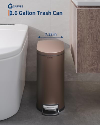 2.6 Gal / 10 L Metal Bathroom Trash Can with Lid, Slim Step-On Garbage Can with Soft Close Lid, Stainless Steel Waterproof Trash Bin for Bedroom with Inner Bucket, Rear Handle, Brown - color: Brown
