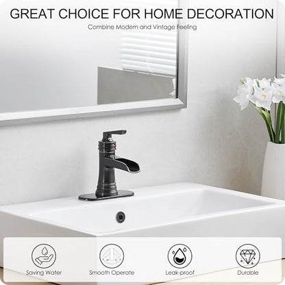 Brass Oil Rubbed Bronze Bathroom Faucet Waterfall Bathroom Sink Faucet 1 Hole or 4 Inch 3 Hole, Single Handle with Deck Plate, Pop-up Drain, cUPC Supply Lines for Vanity, 5 Mins Quick Install - color: Oil Rubbed Bronze