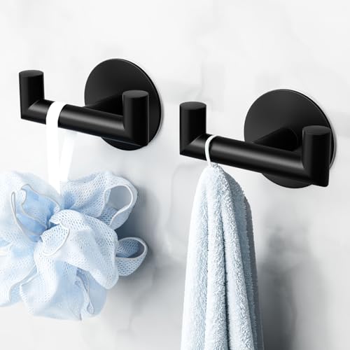 GWAAZXGZ 2 Pack Black Bathroom Hooks for Towels, Robes, Coats, Shower Use | Self-Adhesive, Stainless Steel, Rust Resistant, Double hooks, Easy Install, Space Saving - color: Black