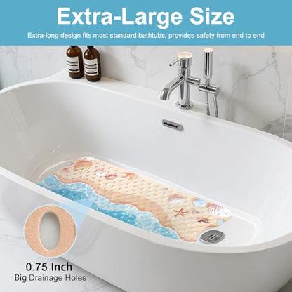 Shower Mat Non Slip, Yonala Premium Anti Slip Stylish Bath Tub Mat, 40 x 16 Inch Extra Large Bathtub Mat with Suction Cups and Drain Holes, Machine Washable - color: Sea Beach