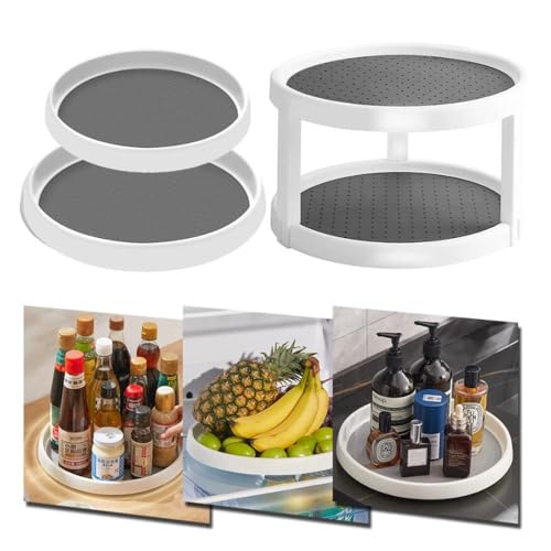 2 Tier Non Skid Spice Rack Turntable, 10 Inch Spinning Organizer, Non Skid Lazy Susan Turntable, 360° Rotating Seasoning Organizer for Kitchen, Pantry Cabinet, Refrigerator, Bathroom, Gray & White