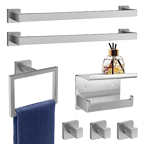 Dorudon atrox 7-Piece Bathroom Hardware Set Brushed Nickel Towel Bar Set with Towel Rack, 2 Square 23-Inch Towel Bars and Stainless Steel Bathroom Accessories Wall Mounted - color: Brushed Nickel, size: 23 IN