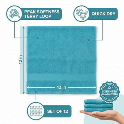 Sofea 100% Cotton Washcloths Set of 12, (12 x 12 Inch) 520 GSM Wash Cloths, Extra Soft Absorbent Quick Dry Face Towels - color: Aqua Green