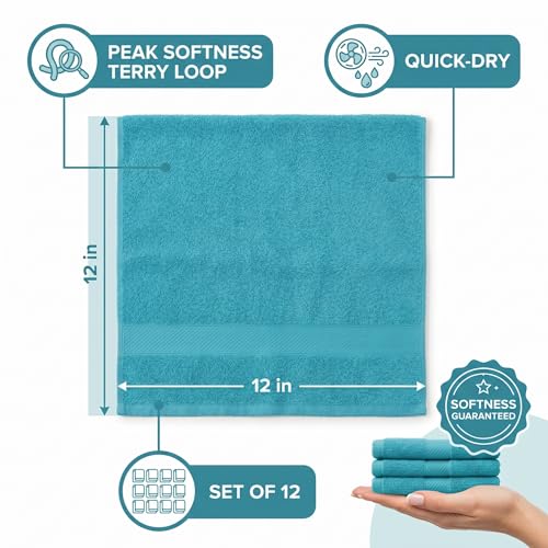 Sofea 100% Cotton Washcloths Set of 12, (12 x 12 Inch) 520 GSM Wash Cloths, Extra Soft Absorbent Quick Dry Face Towels - color: Aqua Green