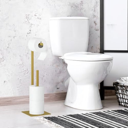 Toilet Paper Holder Stand Beige Gold Free Standing TP Holder, Metal Toilet Paper Roll Holder with Reserve Bathroom Tissue Storage Holder, Beige Gold - color: Beige Gold