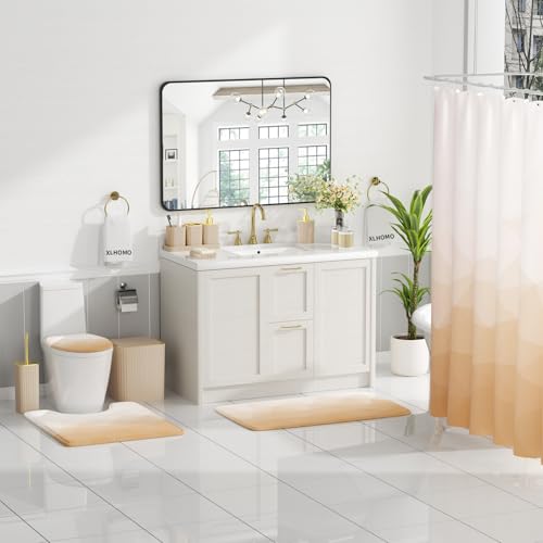 XLHOMO Bathroom Accessory Set - 26PC Bathroom Shower Curtain and Rug Set, Bathroom Accessories Set, Beige Bathroom Set with Trash Can, Toilet Brush, Qtip Holder & Soap Dispenser - style: Beige
