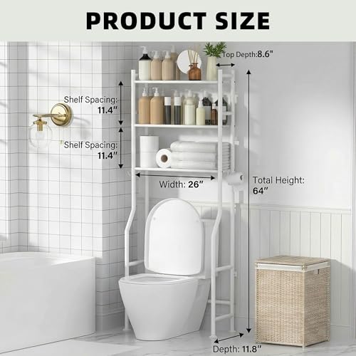 GloTika 3-Tier Over Toilet Storage, Anti-Tilt, 64" H, White | Anti-Tilt Safety System, 150lb Capacity, Carbon Steel, Freestanding, No Drilling, Anti-Rust Coating, Paper Holder & 4 Hooks - color: White, size: 3-Tier