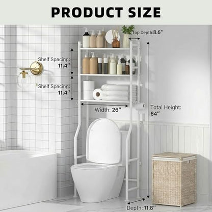 GloTika 3-Tier Over Toilet Storage, Anti-Tilt, 64" H, White | Anti-Tilt Safety System, 150lb Capacity, Carbon Steel, Freestanding, No Drilling, Anti-Rust Coating, Paper Holder & 4 Hooks - color: White, size: 3-Tier