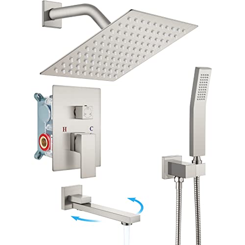 gotonovo Tub Shower Faucet Set with Valve Kit 8’’ Head,Brushed Nickel | Shower System with Tub Spout,SUS304 Rain Head with Handheld Sprayer,Swivel Spout,All Metal,Rough-In Valve Trim Kit,Wall Mount - color: Nickel, size: 8’’ Head