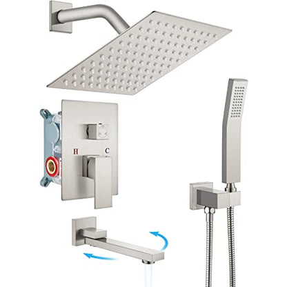gotonovo Tub Shower Faucet Set with Valve Kit 8’’ Head,Brushed Nickel | Shower System with Tub Spout,SUS304 Rain Head with Handheld Sprayer,Swivel Spout,All Metal,Rough-In Valve Trim Kit,Wall Mount - color: Nickel, size: 8’’ Head