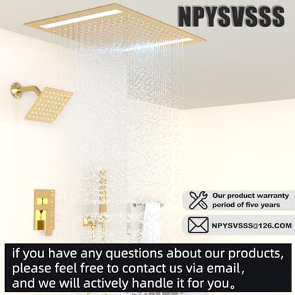 Rain Shower Head System with 14x20 Inch Ceiling Mount LED Head & 6 Inch Wall Head and Handheld Shower 3 Way Pressure Balance Valve Kit,Brushed Gold - color: Brushed Gold, style: 14x20 inch+6inch