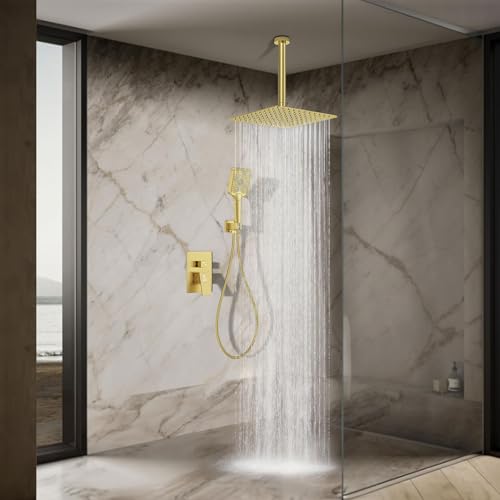 Shower System 12IN Modern Rain Brass Faucet Set With Valve and Diverter Shower Mixer With Handheld High Pressure Square Rainfall Shower Valve (12'' Ceiling Mount, Brushed Gold) - color: Brushed Gold, style: 12'' Ceiling Mount