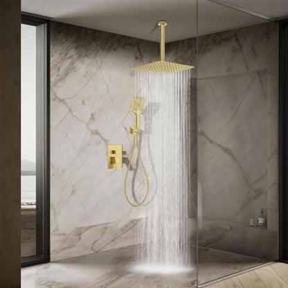 Shower System 12IN Modern Rain Brass Faucet Set With Valve and Diverter Shower Mixer With Handheld High Pressure Square Rainfall Shower Valve (12'' Ceiling Mount, Brushed Gold) - color: Brushed Gold, style: 12'' Ceiling Mount