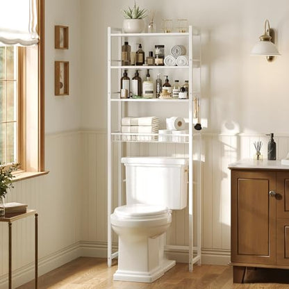 Over The Toilet Storage Shelf, 4-Tier Bathroom Organizer with Basket & Hooks, Sturdy Space Saver for Small Bathrooms, White - color: White