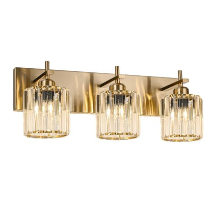 Modern Crystal Bathroom Vanity Lights, Gold 3-Lights Bathroom Light Fixtures Over Mirror, Crystal Wall Lighting with Polished Brass Finish - color: Gold-Round Shade, size: 3-Light