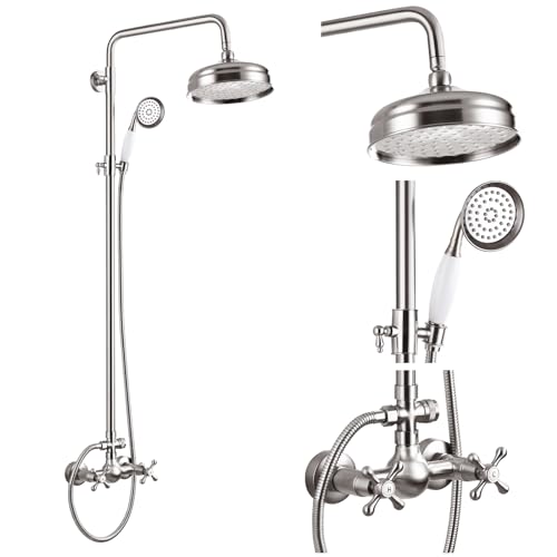gotonovo Exposed Shower Faucet Set Luxury,Brushed Nickel,Straight Rod | Bathroom 8” Shower Head with Handheld Spray System Fixtures,Vintage Two Cross Handle,Wall Mount,for 5-6.7" Hole,Adjust Height - color: Nickel