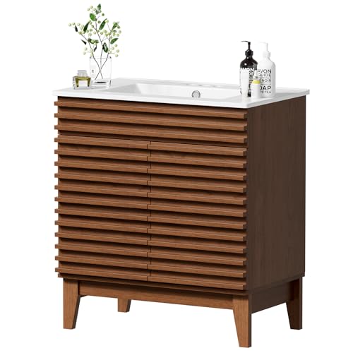 APRILSOUL 30" Bathroom Vanity with Ceramic Sink, Mid-Century Bathroom Vanity Cabinet with 2 Soft Closing Doors, Freestanding Bathroom Cabinet, Particleboard Frame with Wood Grain Laminate, Walnut - color: Walnut/ White Sink, size: 30 Inch