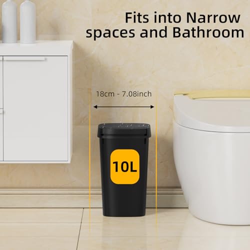 KSSKSS 3 Pack Bathroom Small Trash Can with Lid, 2.6 Gallon Slim Garbage Bin with Pop-Up Lid, 10L Plastic Wastebasket for Bedroom, Office, Kitchen, Toilet (Matte Black) - color: Black-included Trash bags