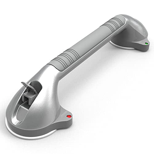 17-inch Suction Shower Grab Bar with Indicators, Tool-Free Installation, Steady Handle for Balance Assist for Bathtub,Bathroom,Toilet, Dual Tone Silver/Grey - size: 17in, Pack of 1