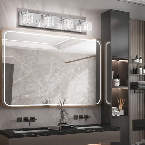 Ralbay Modern LED Chrome Vanity Lights - 4 Lights Crystal Bathroom Light Fixtures Over Mirror - color: Chrome, size: 26 inch