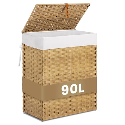 Wicker Laundry Hamper with Lid,24Gal (90 L) Rattan Laundry Basket 2 Sections with Lid, Removable Machine Washable Line, Large Clothes Hamper with Handles for Bathroom Bedroom, Yellow - color: Yellow, size: 90L