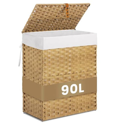 Wicker Laundry Hamper with Lid,24Gal (90 L) Rattan Laundry Basket 2 Sections with Lid, Removable Machine Washable Line, Large Clothes Hamper with Handles for Bathroom Bedroom, Yellow - color: Yellow, size: 90L