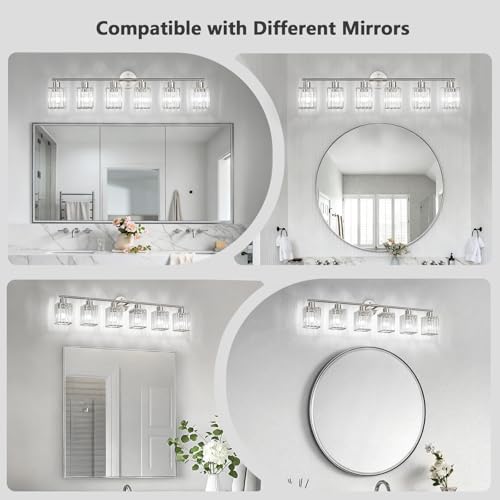 6 Light Bathroom Light Fixtures, Modern Crystal Vanity Lights over Mirror | Metal Frame, Bathroom Light with Square Crystal Shade, ETL Certified, E26 Ceramic Socket, Bulbs Not Included - color: Brushed Nickel, size: 6-Light