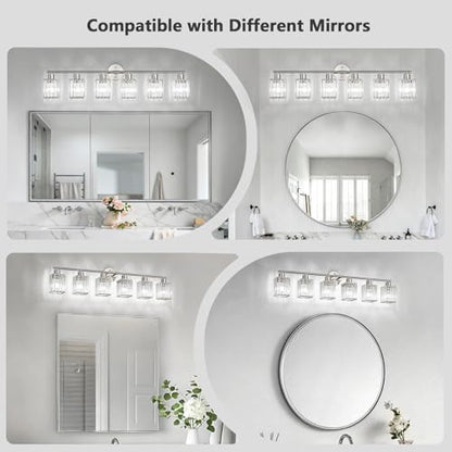 6 Light Bathroom Light Fixtures, Modern Crystal Vanity Lights over Mirror | Metal Frame, Bathroom Light with Square Crystal Shade, ETL Certified, E26 Ceramic Socket, Bulbs Not Included - color: Brushed Nickel, size: 6-Light